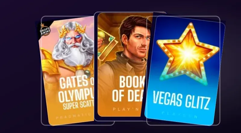Automaty w lobby X3Bet – okładki Gates of Olympus, Book of Dead i Vegas Glitz